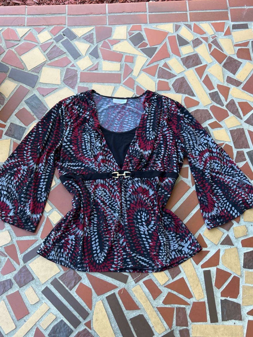 Fashion Bug Womens Red & Black Patterned Belted V-Neck Top
